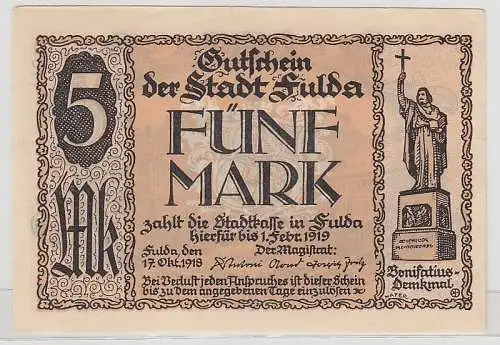 5 Mark Banknote Stadtkasse in Fulda 1918