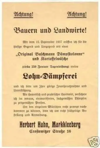 Reklame Flugblatt Lohndämpferei in Markkleeberg 1937