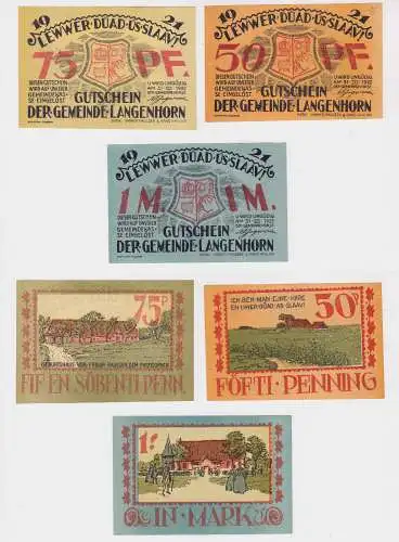 50, 75 Pf & 1 Mark Banknoten Notgeld Gemeinde Langenhorn 1921 (126124)
