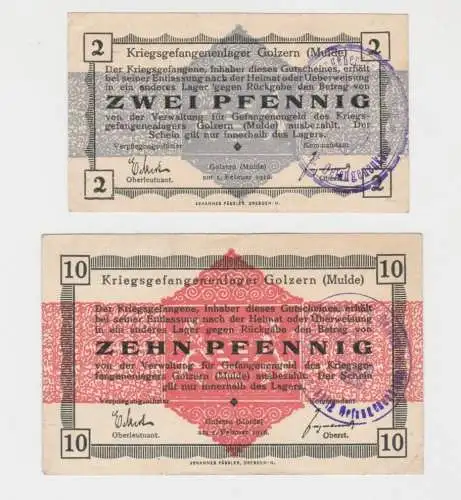 2 & 10 Pfennig Banknote Kriegsgefangenenlager Golzern (Mulde) um 1915 (135079)