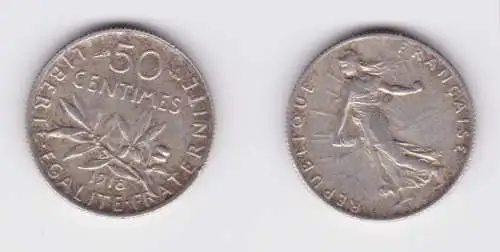 50 Centimes Silber Münze Frankreich 1918 ss+ (134302)