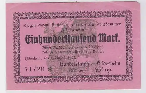 100000 Mark Banknote Handelskammer Hildesheim 9.August 1923 (117313)