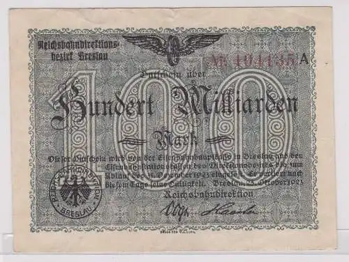 100 Milliarden Mark Banknote Reichsbahndirektion Breslau 25.10.1923 (157564)