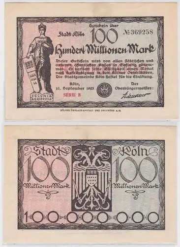 100 Mill. Mark Banknote Inflation Notgeld Stadtgemeinde Köln 10.9.1923 (152412)