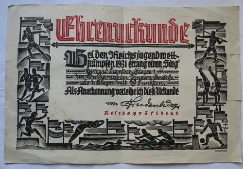 Ehrenurkunde Bei den Reichsjugendwettkämpfen 1931 Sieg errungen (100400)