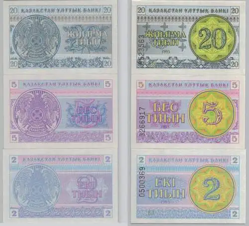 2, 5 und 20 Tyin Banknote Kasachstan Kazakhstan 1993 bankfrisch UNC (153538)