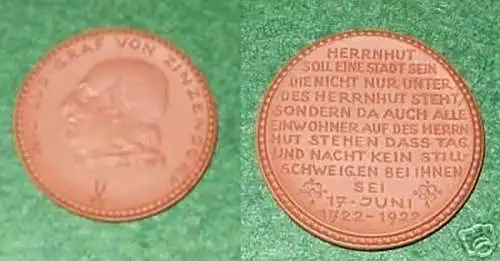 schöne Porzellanmedaille Graf von Zinzendorf 1922