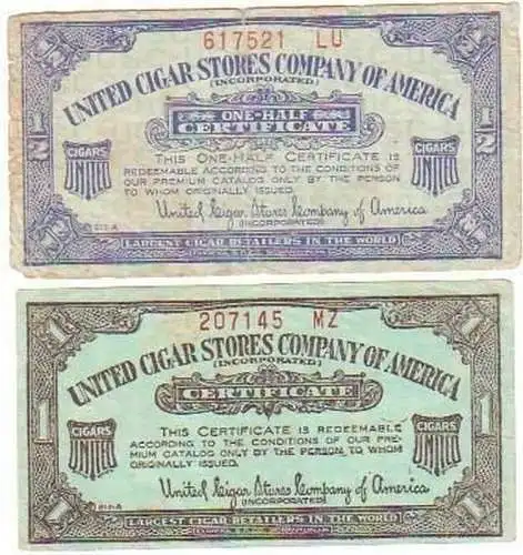 2 alte Reklamebanknoten United Cigar Store Company