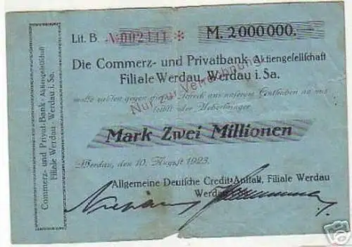 seltene Banknote Inflation 2 Millionen Mark 1923 Werdau