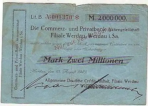 seltene Banknote Inflation 2 Millionen Mark 1923 Werdau