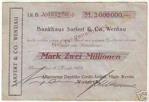 seltene Banknote Inflation Sarfert & Co. Werdau 1923