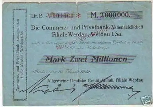 seltene Banknote Inflation 2 Millionen Mark 1923 Werdau