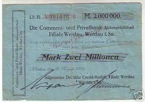 seltene Banknote Inflation 2 Millionen Mark 1923 Werdau