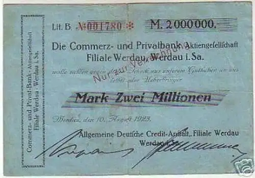 seltene Banknote Inflation 2 Millionen Mark 1923 Werdau