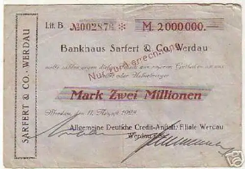 seltene Banknote Inflation Sarfert & Co. Werdau 1923