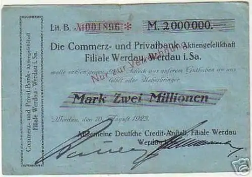 seltene Banknote Inflation 2 Millionen Mark 1923 Werdau