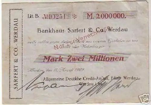 seltene Banknote Inflation Sarfert & Co. Werdau 1923