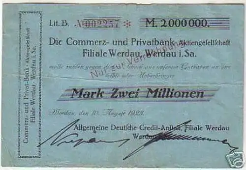 seltene Banknote Inflation 2 Millionen Mark 1923 Werdau