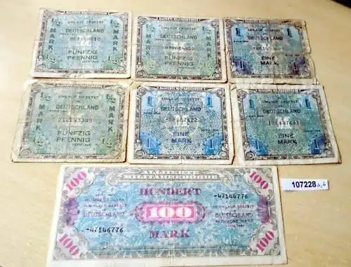 7 Banknoten 3 x 1/2, 3 x 1, 100 Mark alliierte Besatzung 1944