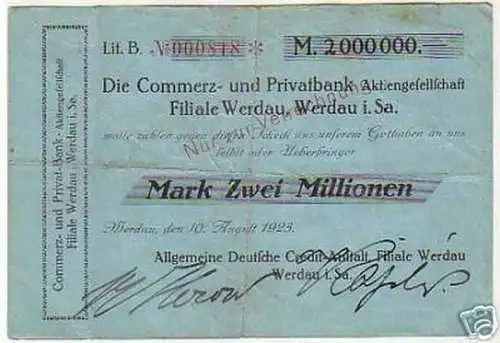 seltene Banknote Inflation 2 Millionen Mark 1923 Werdau