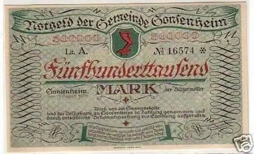 Banknote Inflation 500000 Mark Gemeinde Gonsenheim 1923