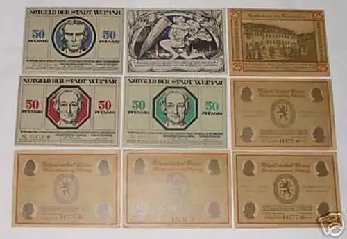 9 Banknoten Notgeld der Stadt Weimar 1921