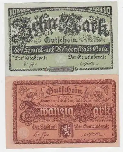 2 Banknoten 10 und 20 Mark Groß-Notgeld Residenzstadt Gera 1919