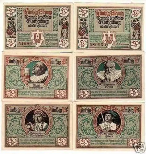 6 Banknoten Notgeld der Stadt Rothenburg Tauber 1921