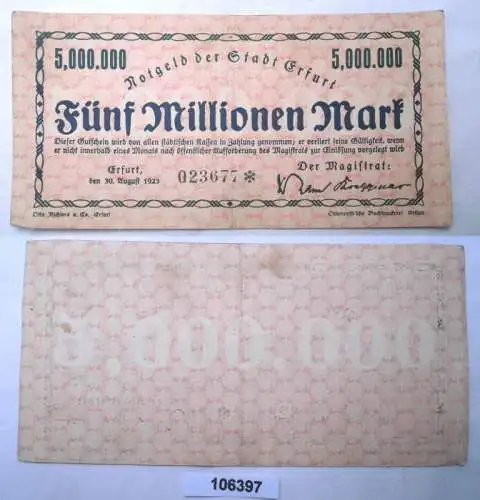 5 Millionen Mark Banknote Stadt Erfurt 30. August 1923