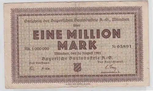 1 Million Mark Banknote Inflation Bayerische Bauindustrie A.G. München 24.8.1923