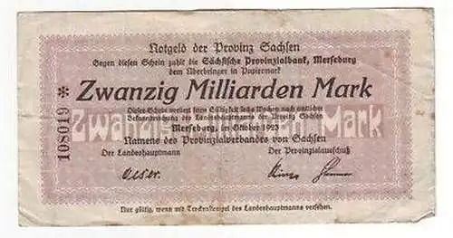 Banknote Inflation 20 Milliarden Mark Merseburg 1923