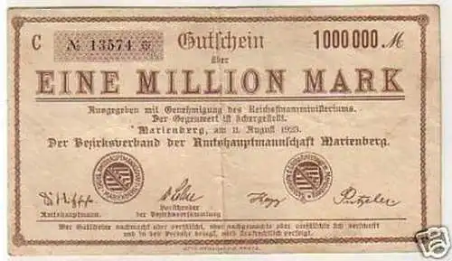 Inflation Banknote 1 Million Mark Marienberg 1923