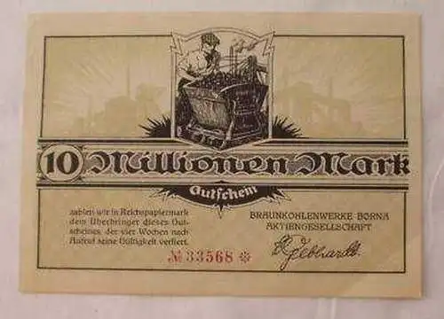 Banknote Inflation 10 Millionen M Braunkohlenwerk Borna