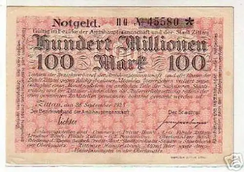 rare Banknote Inflation 100 Millionen Mark Zittau 1923