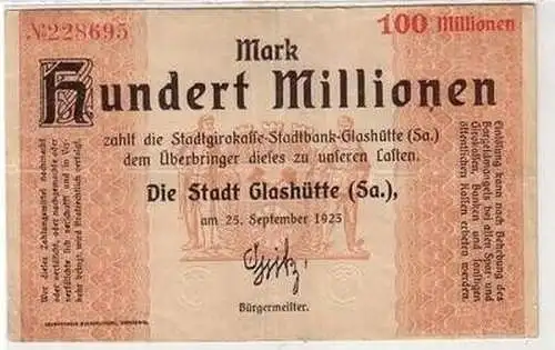 Banknote Inflation 100 Millionen Mark Stadt Glashütte 25. September 1923