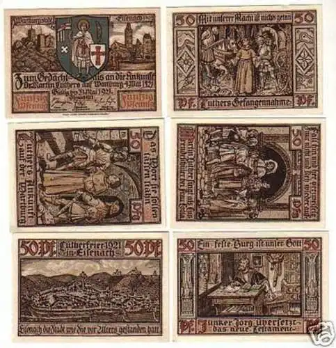 6 Banknoten Notgeld der Stadt Eisenach 1921