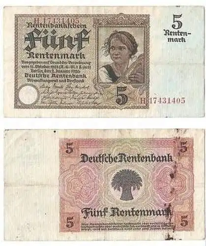 Banknote 5 Rentenmark 2.1.1926 Rosenberg Nr.164 b (BN0463)