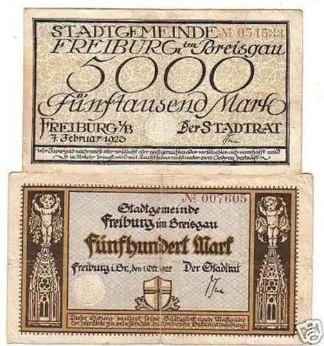 2 Banknoten Inflation Freiburg im Breisgau 1922-1923