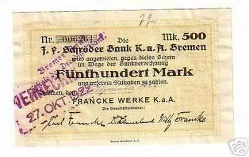 seltene Banknote 500 Mark Francke Werke Bremen 1922