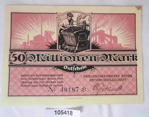 50 Millionen Mark Banknote Inflation Braunkohlenwerke Borna 1923