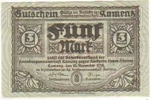 Banknoten 5 Mark Großnotgeld Bezirksverband Kamenz 1918