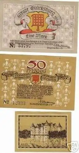 3 Banknoten Notgeld Stadt Glücksburg 1920