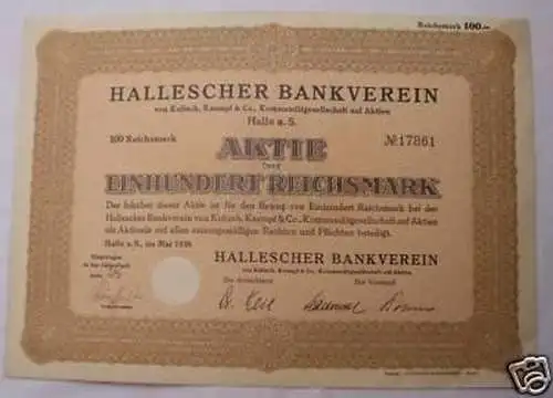 alte Aktie Hallescher Bankverein Kulisch Kaempf Co 1938