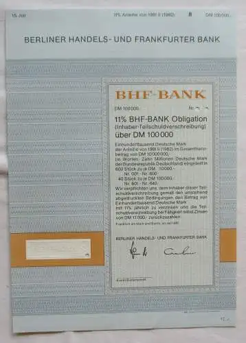 100.000 DM Anleihe BHF-Bank Berliner Handels- und Frankfurter Bank 1981 (141936)