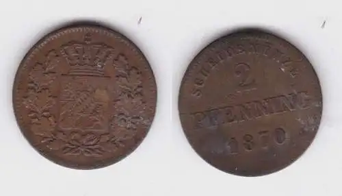 2 Pfennig Kupfer Münze Bayern 1870 (139090)