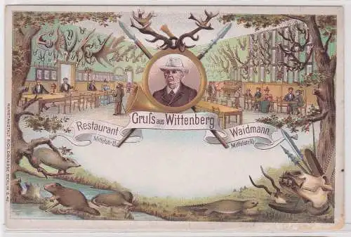 903772 Ak Lithographie Gruß aus Wittenberg Restaurant Waidmann Mittelstraße 10