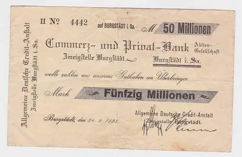 50 Millionen Mark Banknote Credit Anstalt Burgstädt 24.9.1923 (118137)