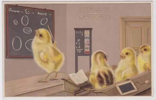 42250 Präge AK Fröhliche Ostern Küken Unterricht im Klassenzimmer 1916