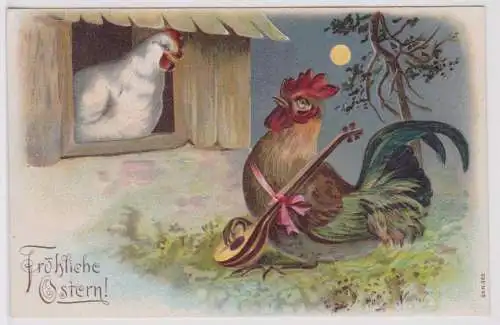 39592 Präge AK Fröhliche Ostern Hahn spielt auf Laute der Geliebten vor 1908