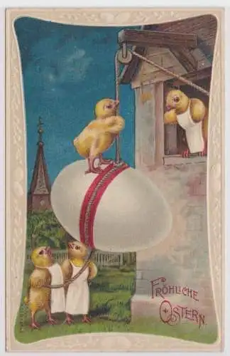 56328 Präge AK Fröhliche Ostern Küken Heben Osterei mit Ladekran 1908